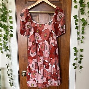 LOFT Poppy Square Neck Puffed Sleeve Tiered Mini Dress in Coral